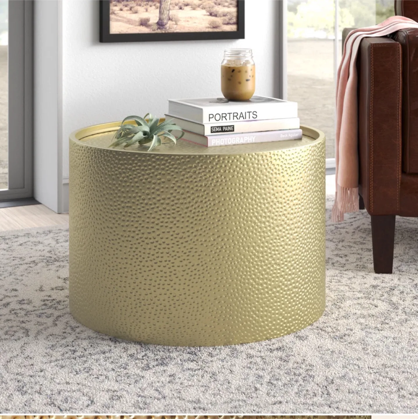 Gold iron hammered drum coffee table thumbnail