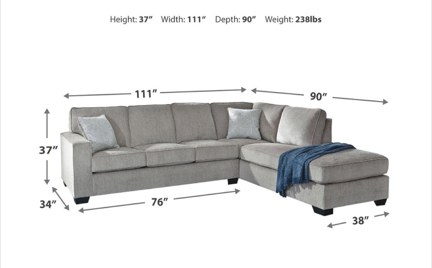 Grey Sectional Sofa - 111" x 90" x 37"
