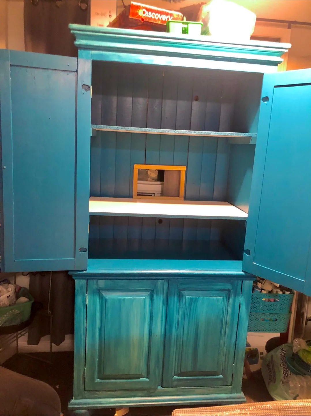 Vintage turquoise Painted Cabinet with Drawers image indicator(2)