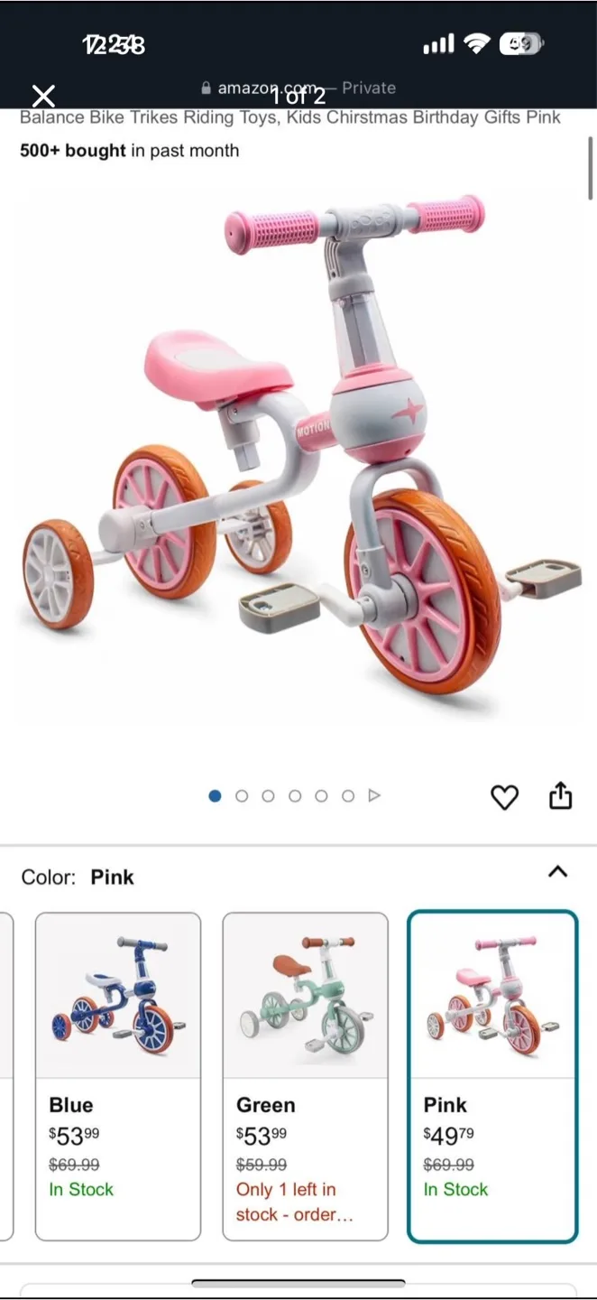 Pink Balance Bike Trike Riding Toy thumbnail