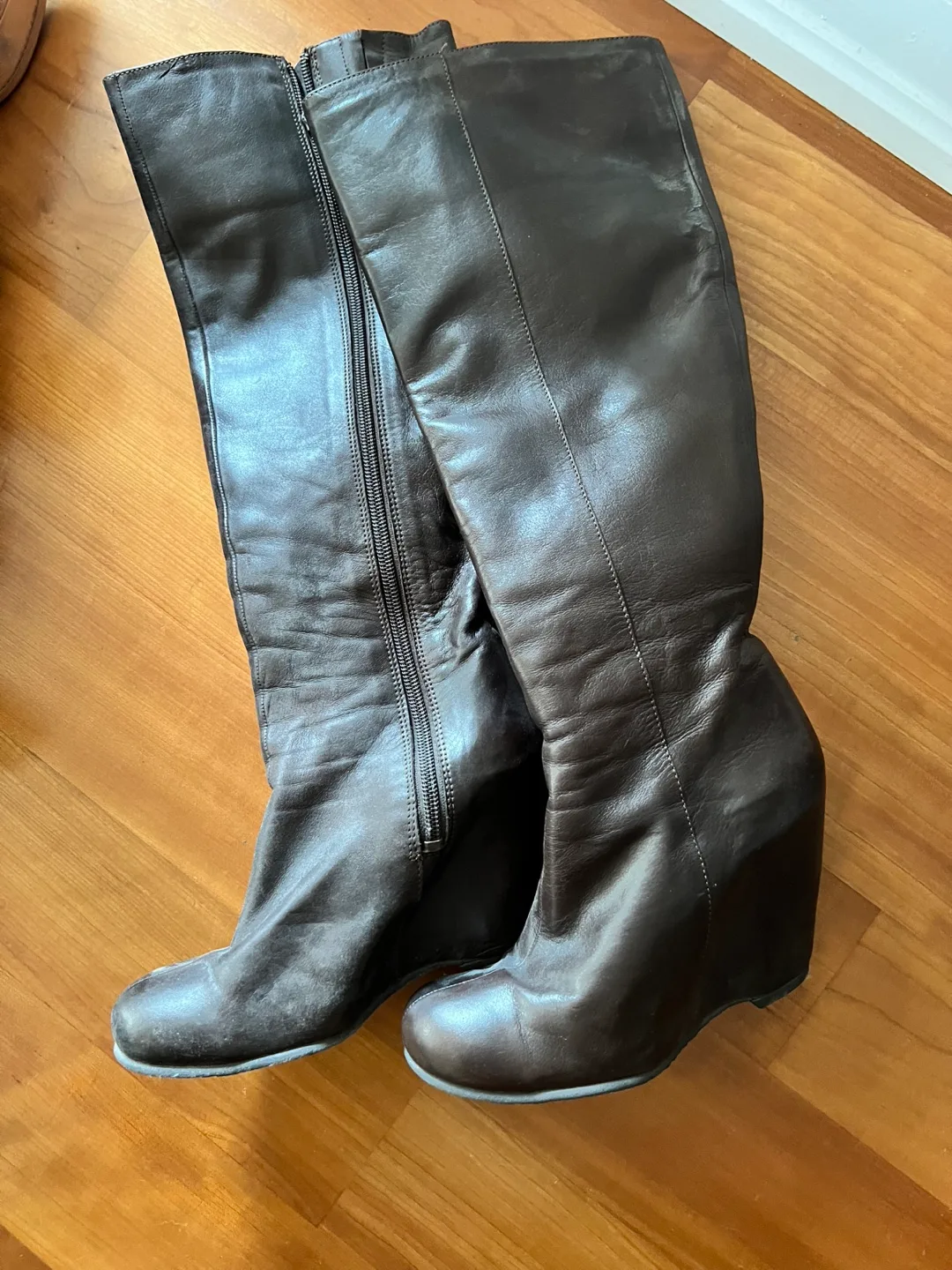 FREE with Purchase /Brown Leather Knee-High Wedge Boots, Size 7 thumbnail