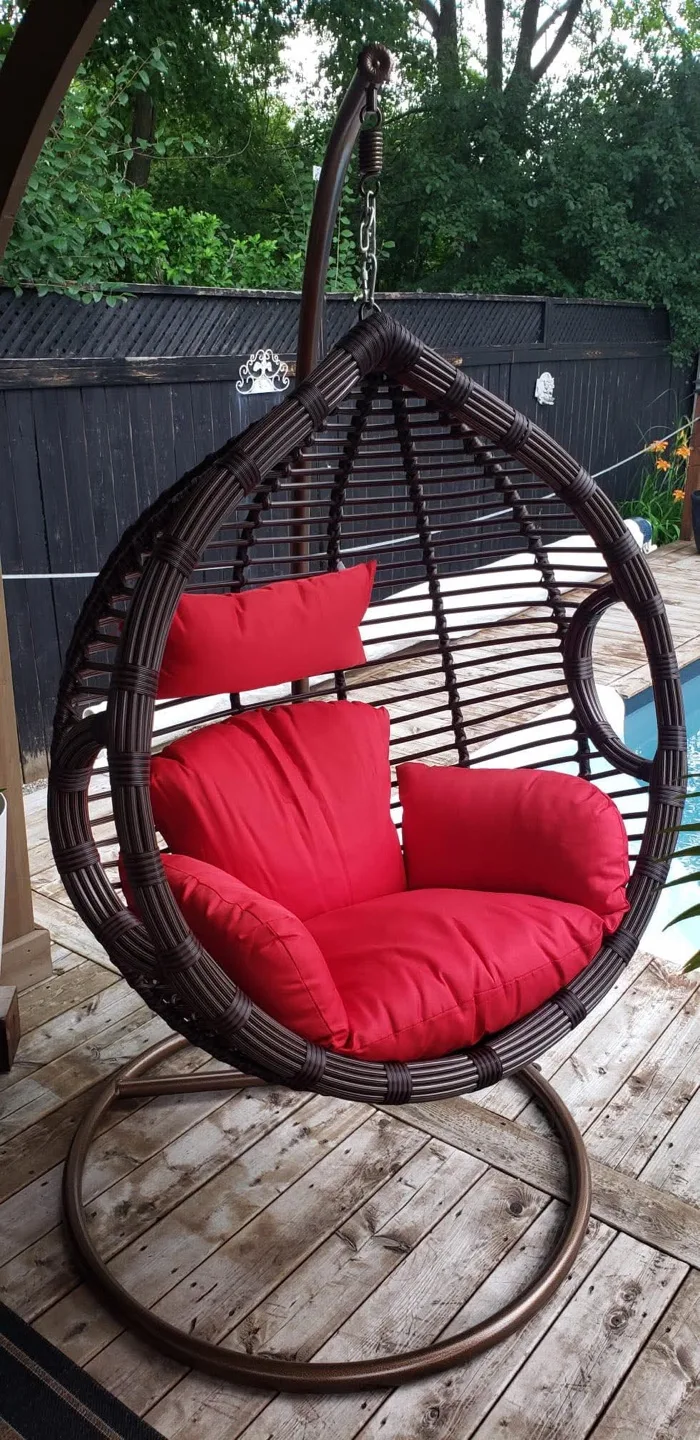 Hanging Egg Chair - Brown Wicker & Red Cushion thumbnail