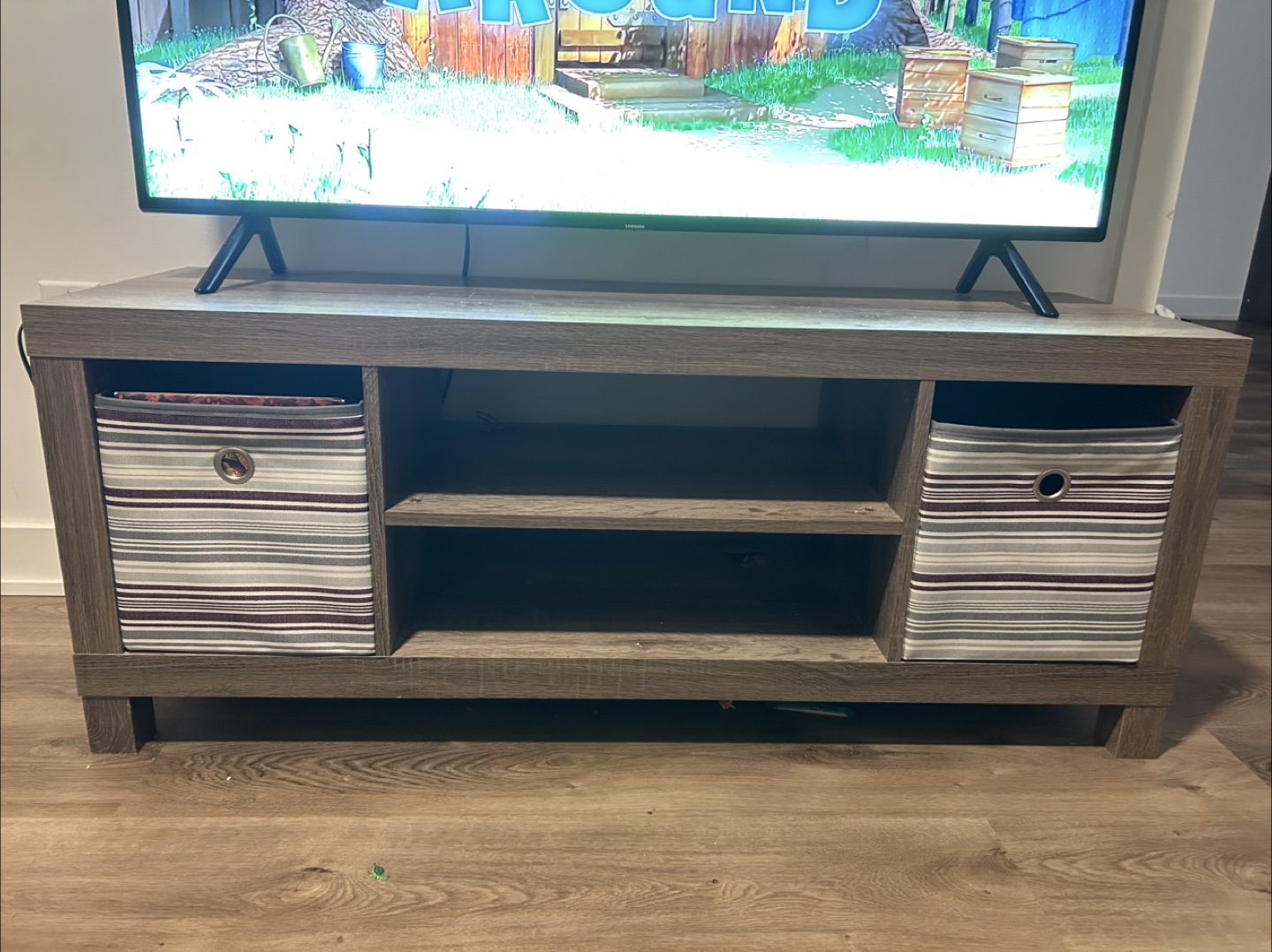 TV Stand + 2 Collapsible Fabric Storage cube + Bed Risers