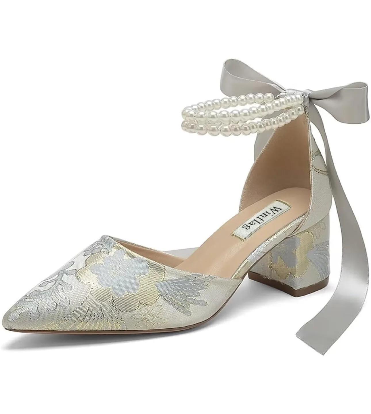 Bridgerton Floral Satin heels,Silver-6cm heel, Size 8 image indicator(5)