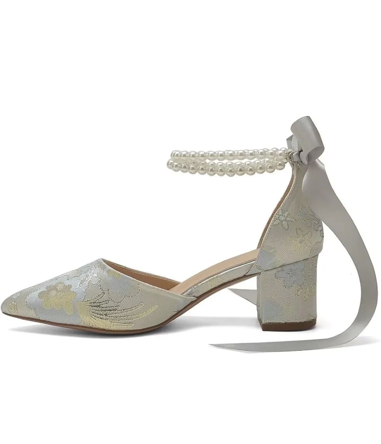 Bridgerton Floral Satin heels,Silver-6cm heel, Size 8 image indicator(7)