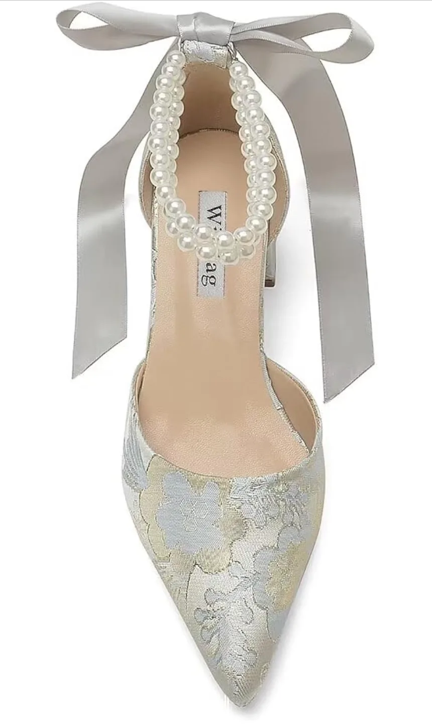 Bridgerton Floral Satin heels,Silver-6cm heel, Size 8 image indicator(6)