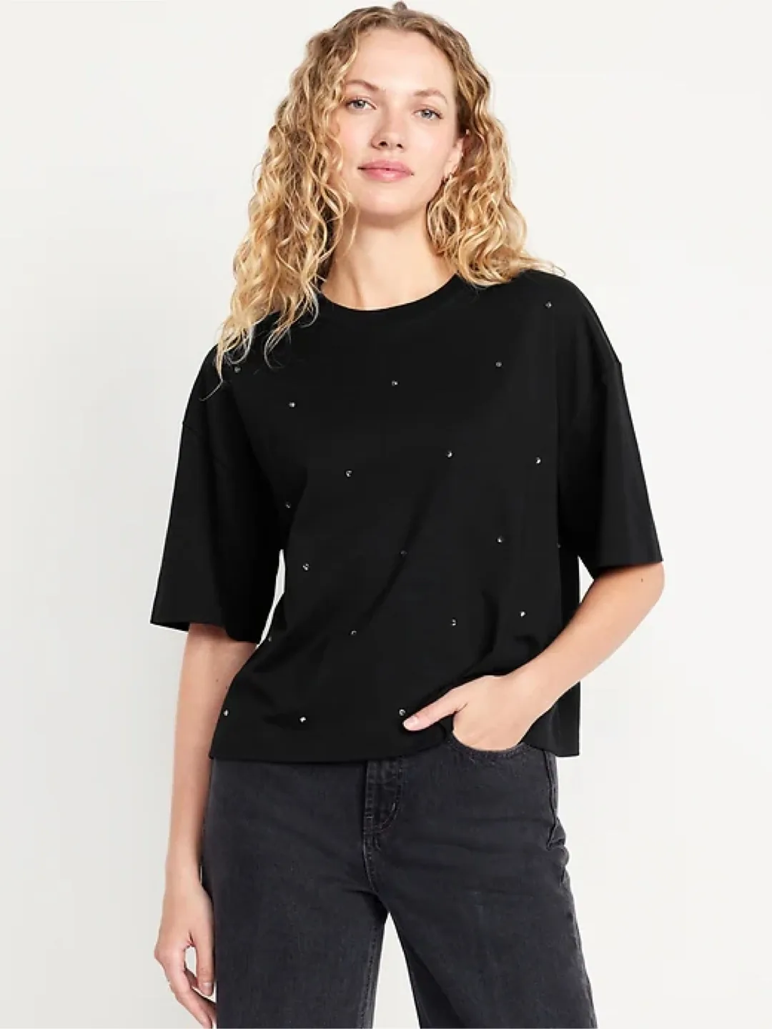 Old Navy Oversized Crew-Neck Embellished T-Shirt | Black thumbnail
