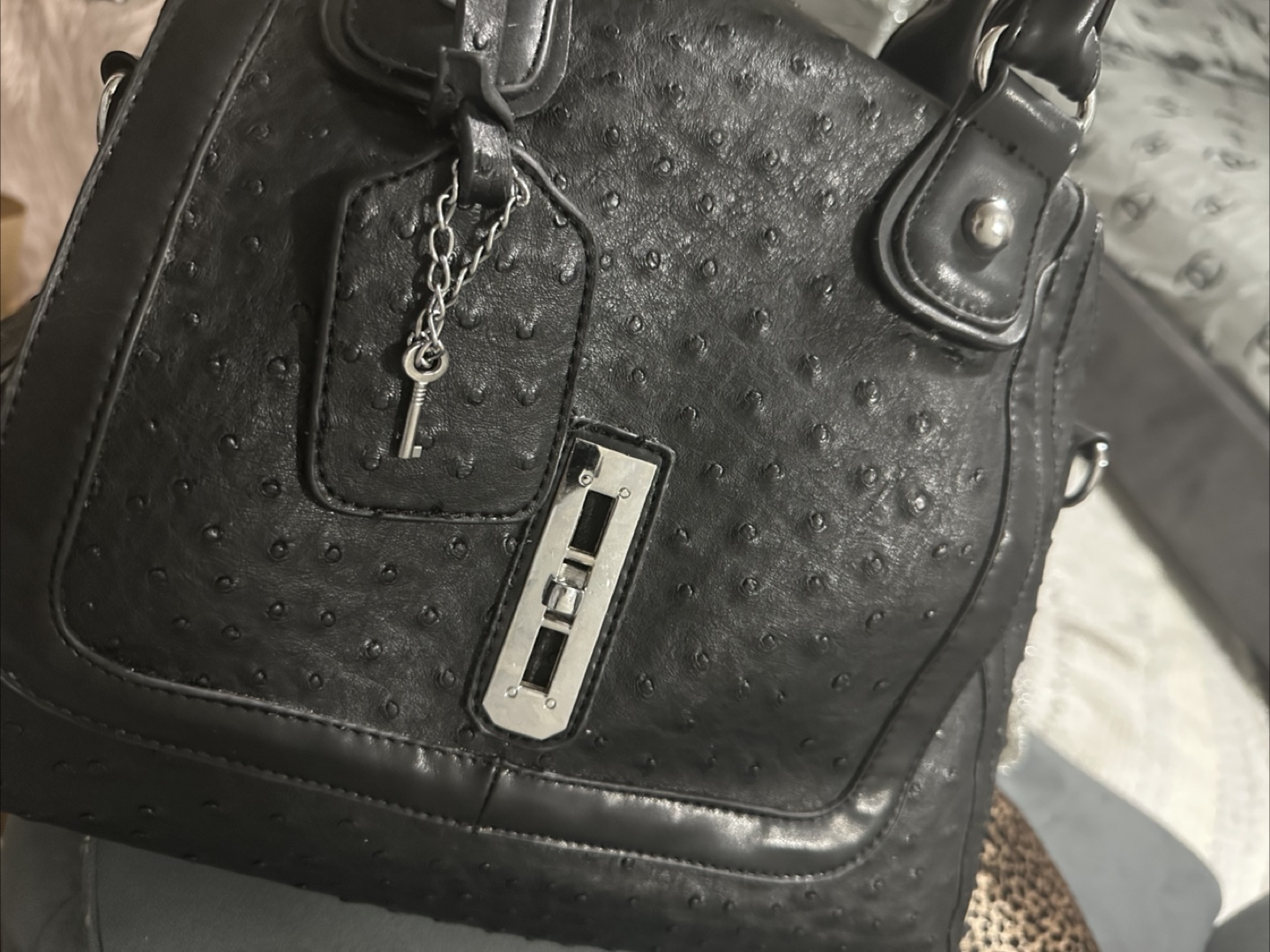 Black Ostrich Style Handbag