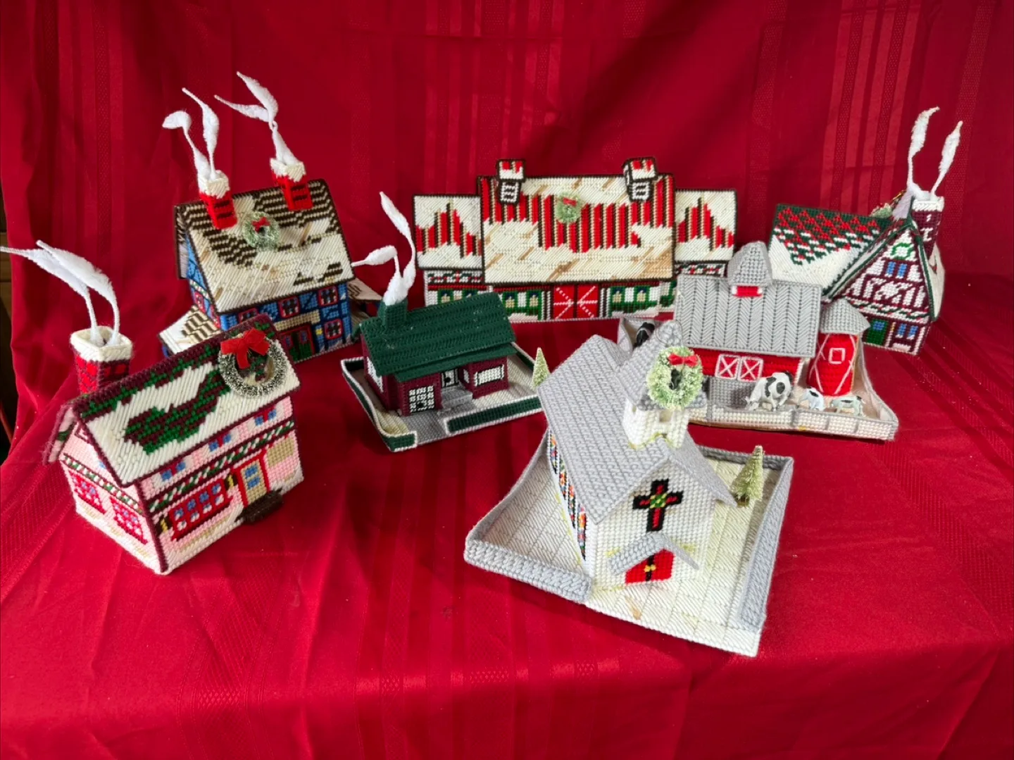 Handmade Plastic Canvas Christmas Village Set thumbnail