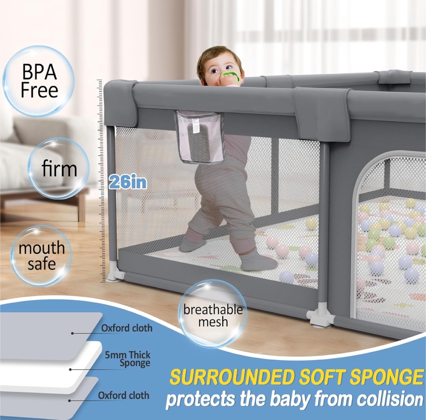Grey Baby Playpen - Safe & Breathable - photo 5