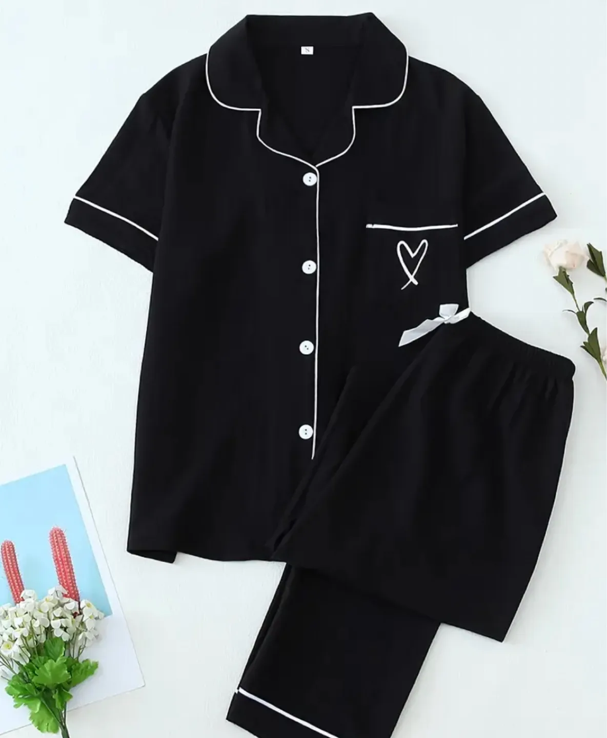 Black Pajama Set with White Trim thumbnail