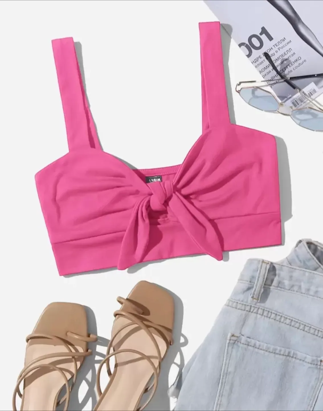 Shein Pink Tie Front Crop Top thumbnail