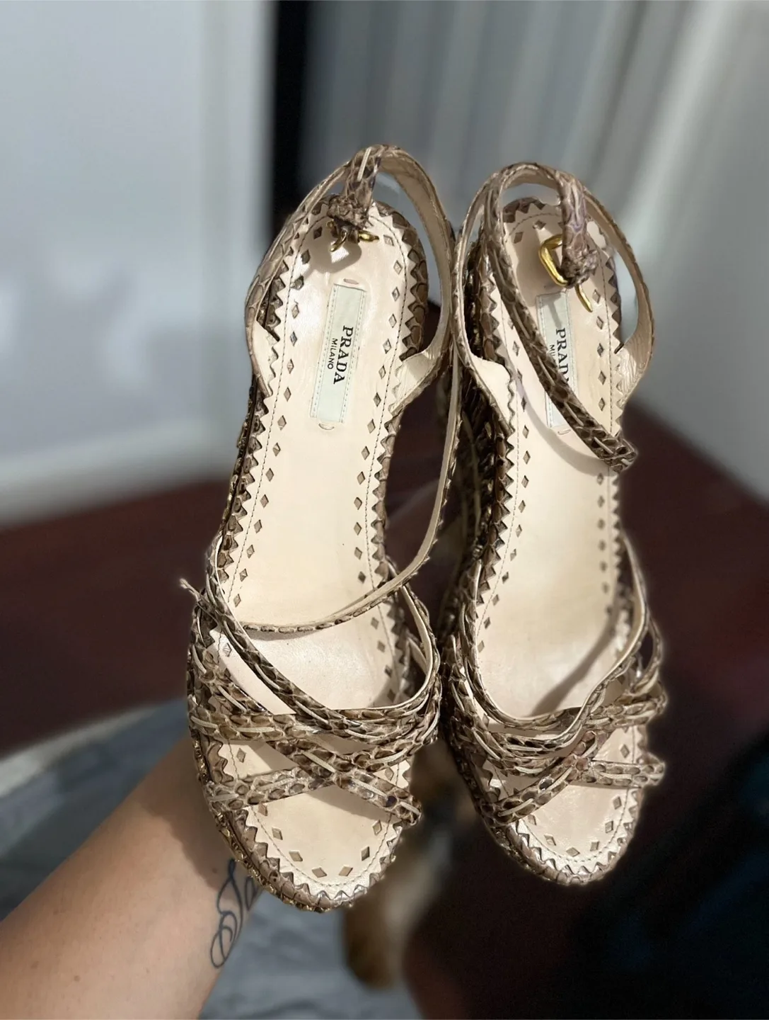 Prada Snakeskin Wedge Sandals, Size 37.5 image indicator(2)