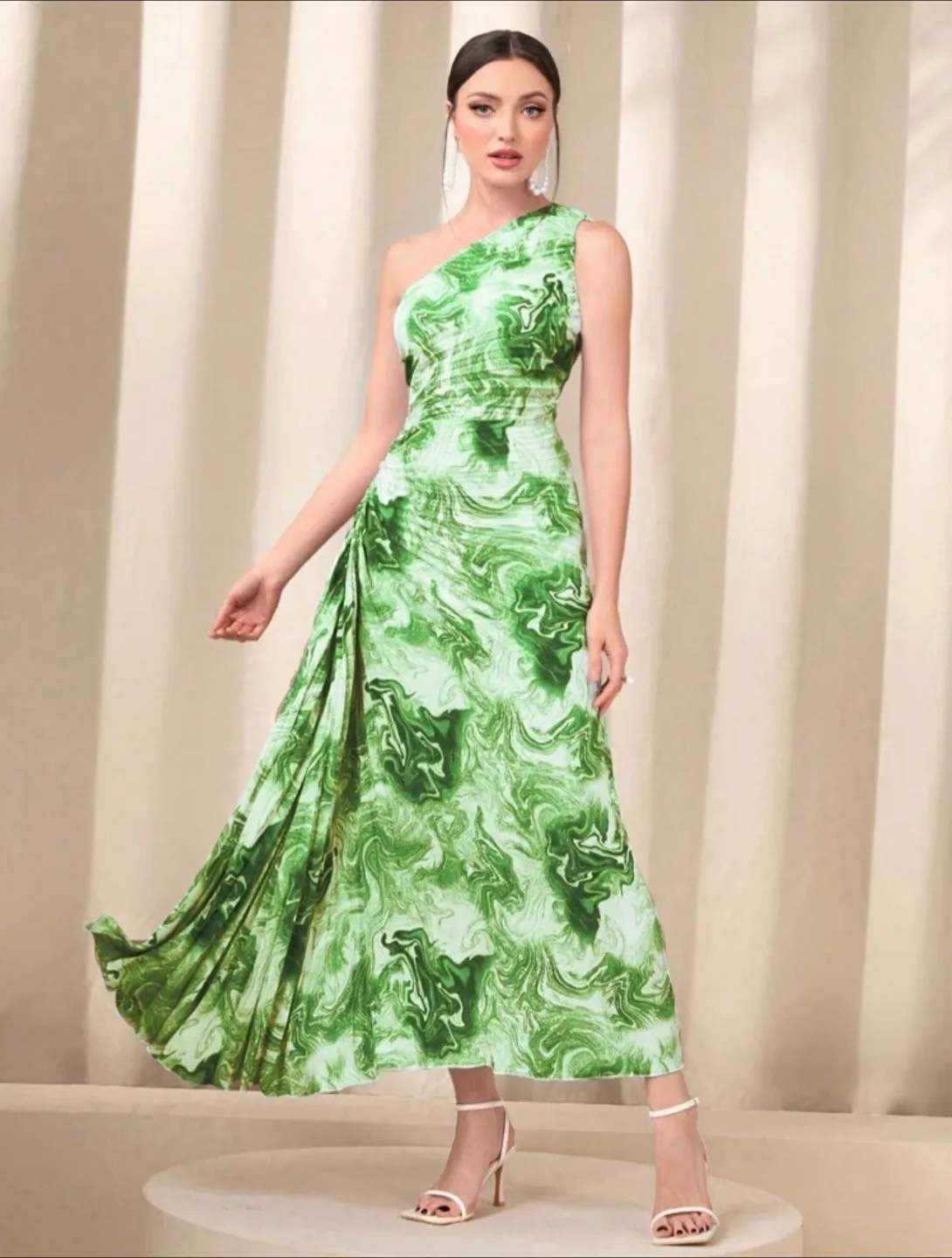Green Marble Print One Shoulder Maxi Dress thumbnail