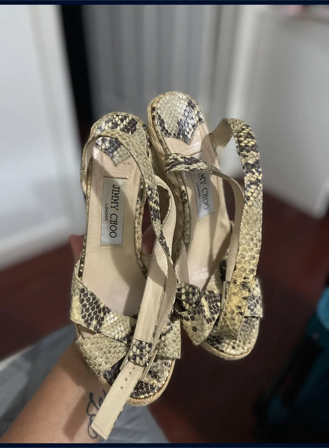 Jimmy Choo Snakeskin Wedge Sandals, Size 8 thumbnail