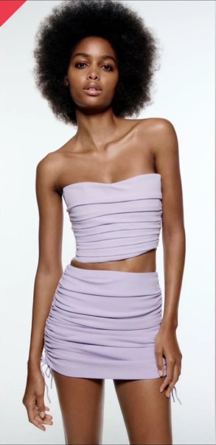 Zara Two Piece Lavender Ruched Tube Top & Skirt - Size Small thumbnail