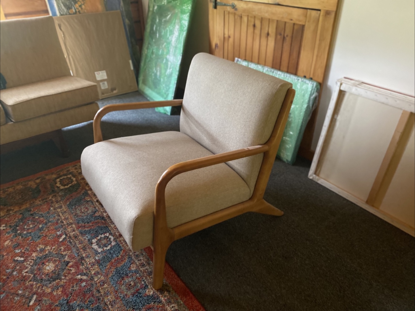 Beige Armchair with Wooden Frame