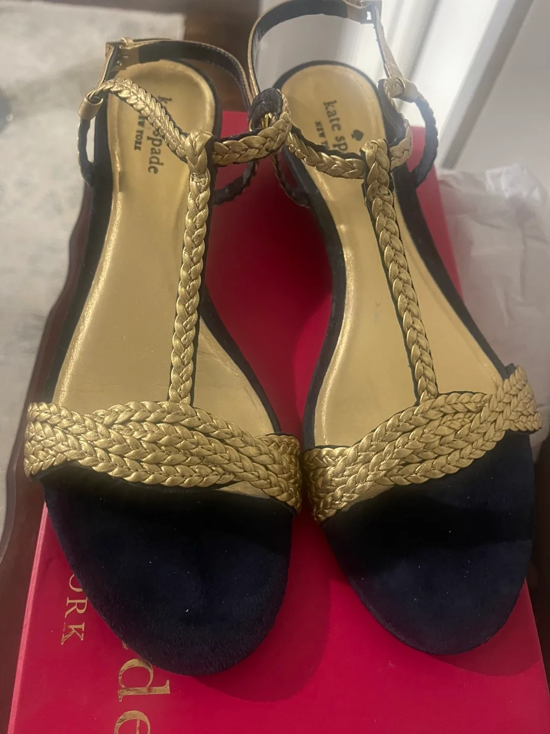 Kate Spade Sandals, Size 91/2 MGold & Navy - With Box! thumbnail
