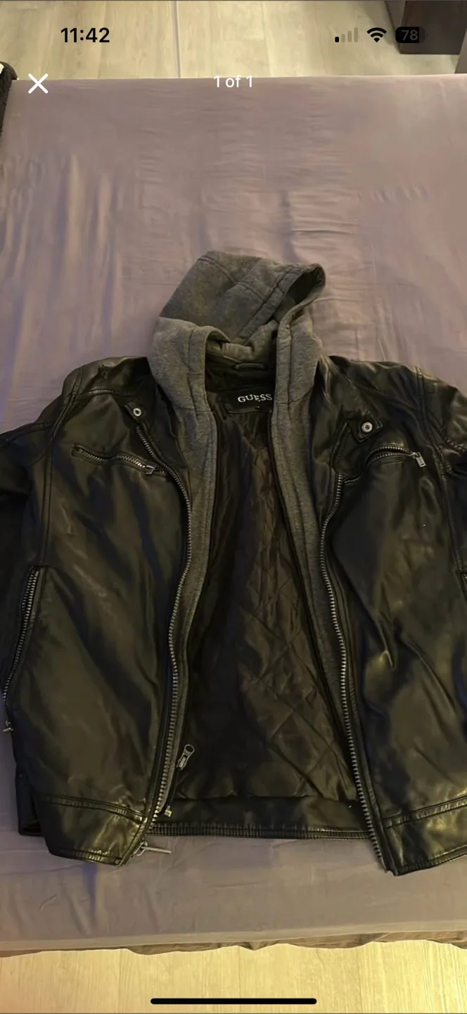 Guess Black Leather Jacket with Hood thumbnail