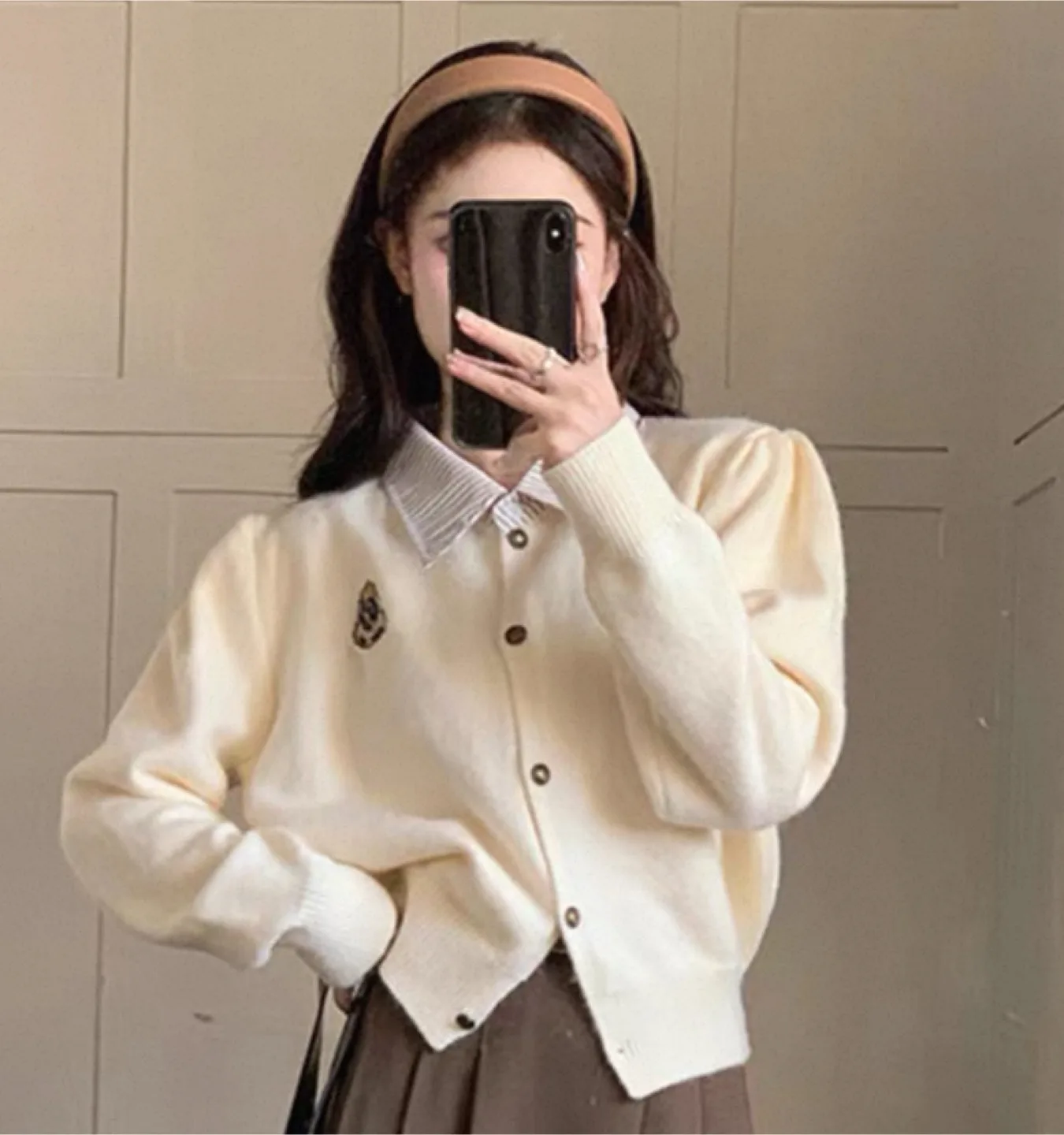 NEW Cream Cardigan with Striped Collar thumbnail