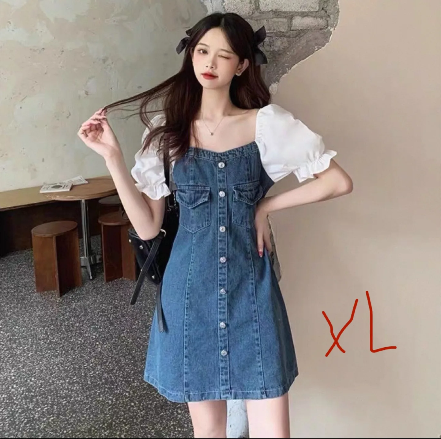 Denim Dress with White Sleeves - Size XL thumbnail