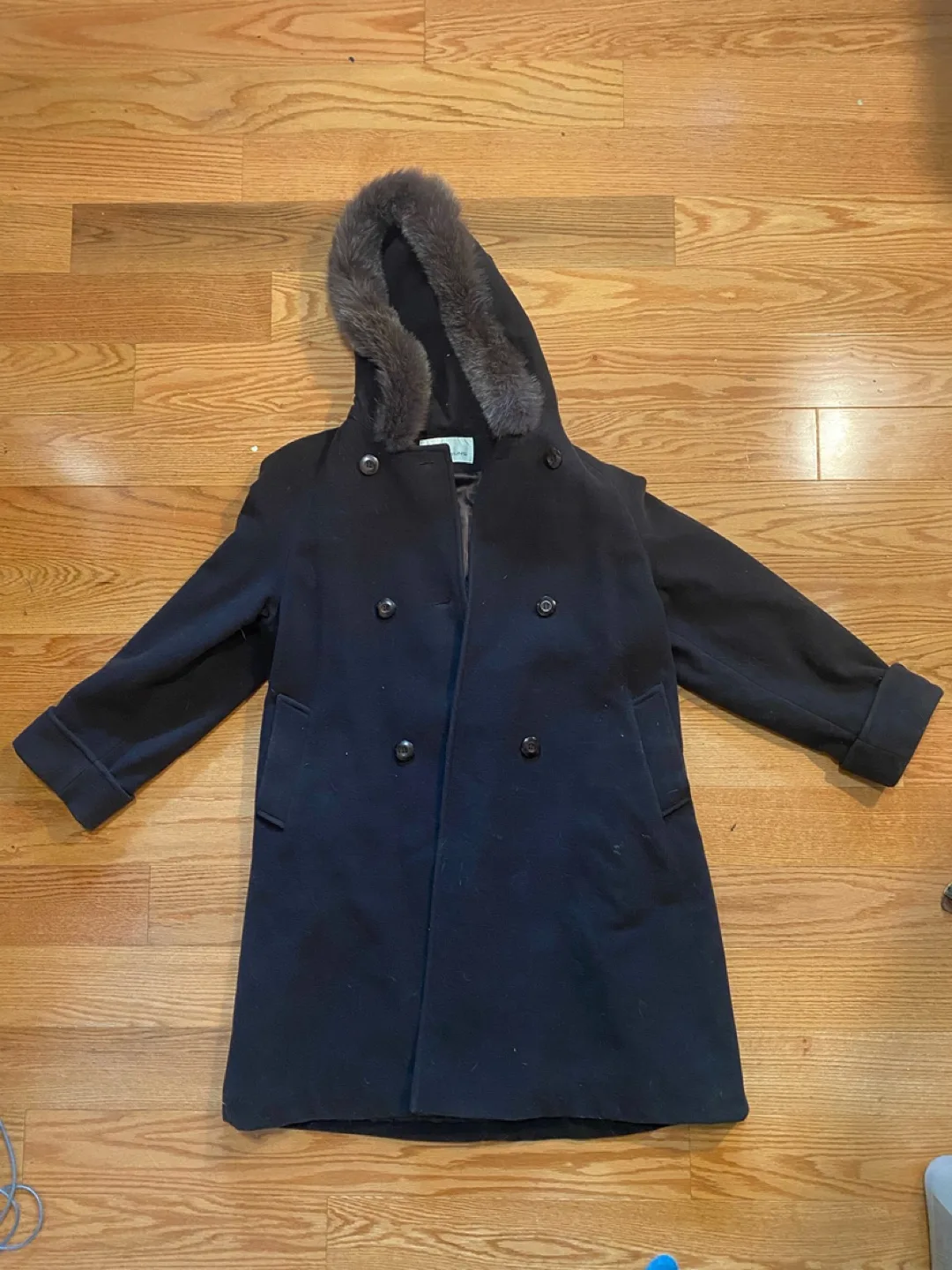 Fur Hooded Wool Coat - Navy thumbnail