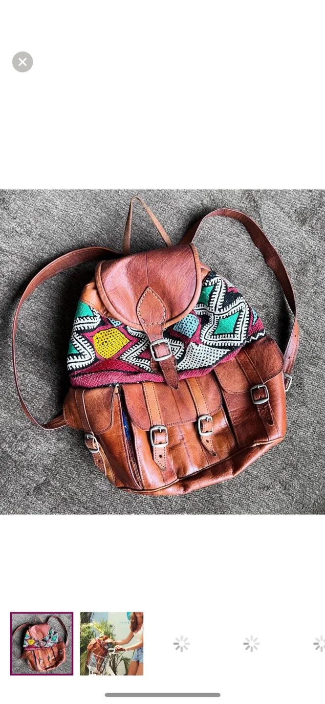 Handmade Leather Backpack with Colorful crochet Details thumbnail