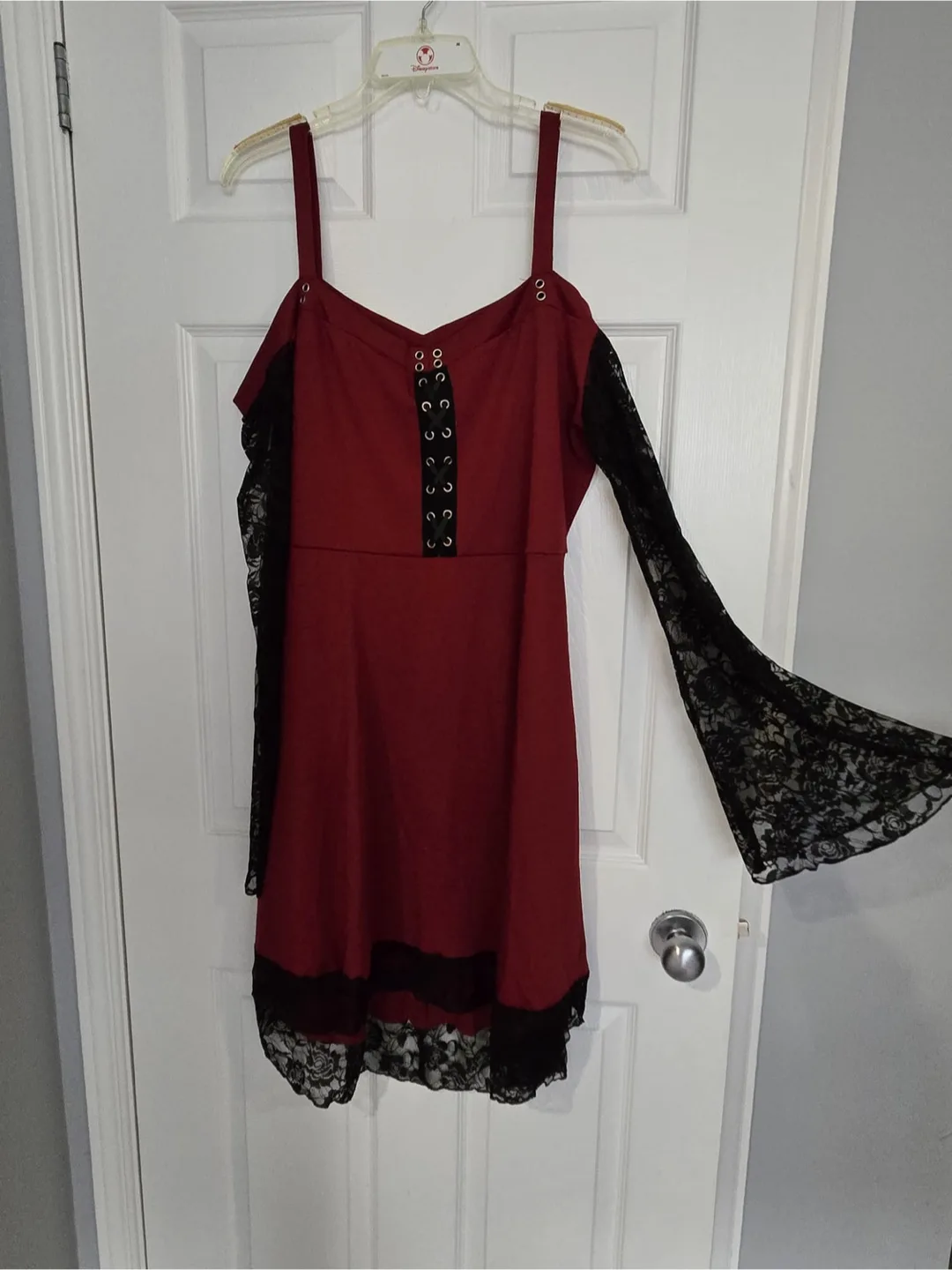 Burgundy Dress with Black Lace Sleeves thumbnail