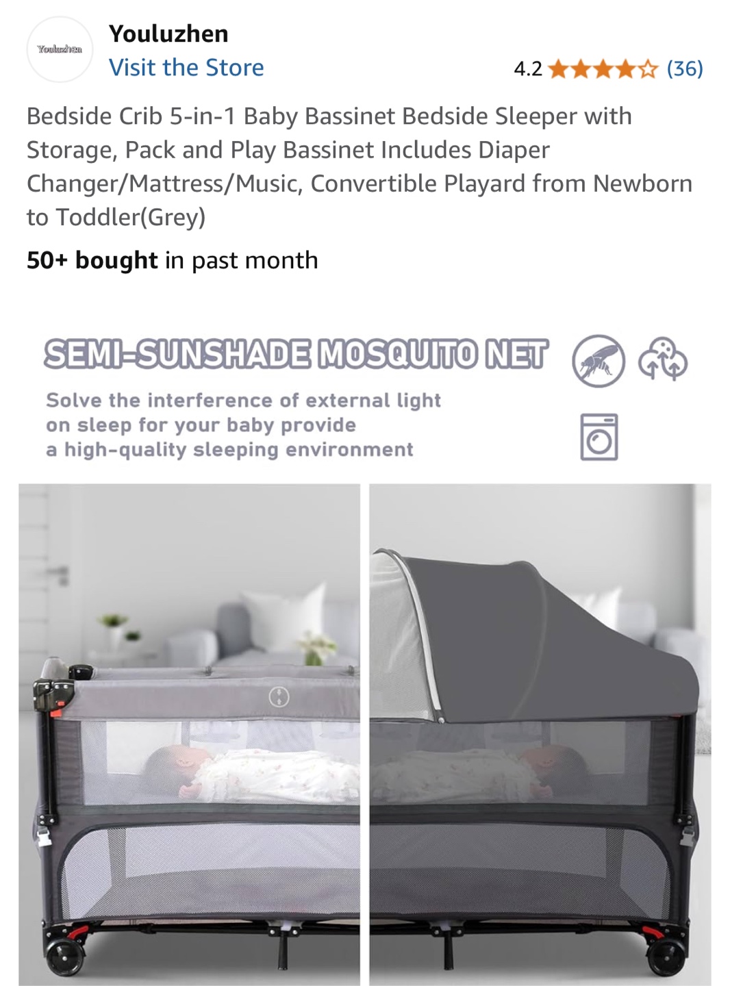 Youluzhen 5-in-1 Baby Bassinet Bedside Sleeper - Grey - photo 3