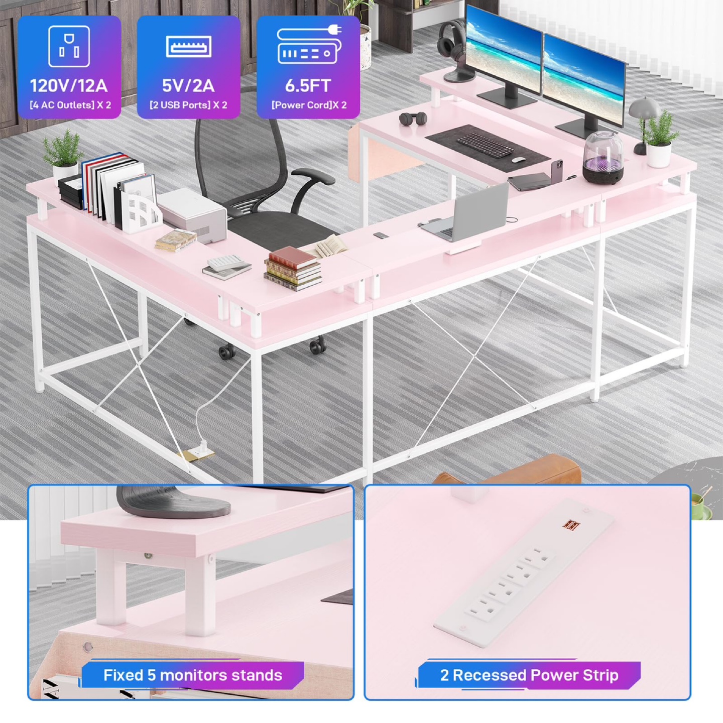 GAOMON U Shaped Gaming Desk, with Monitor Stand and LED Lights - photo 5