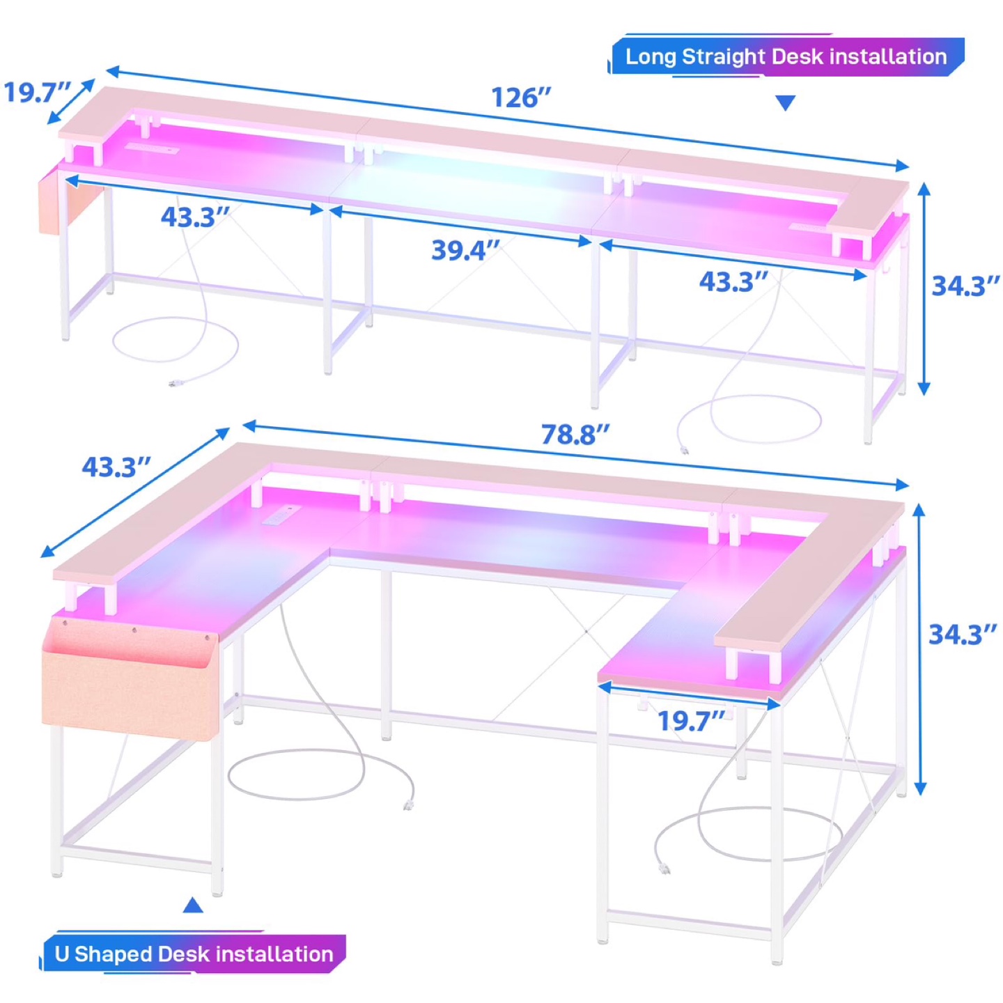 GAOMON U Shaped Gaming Desk, with Monitor Stand and LED Lights - photo 3