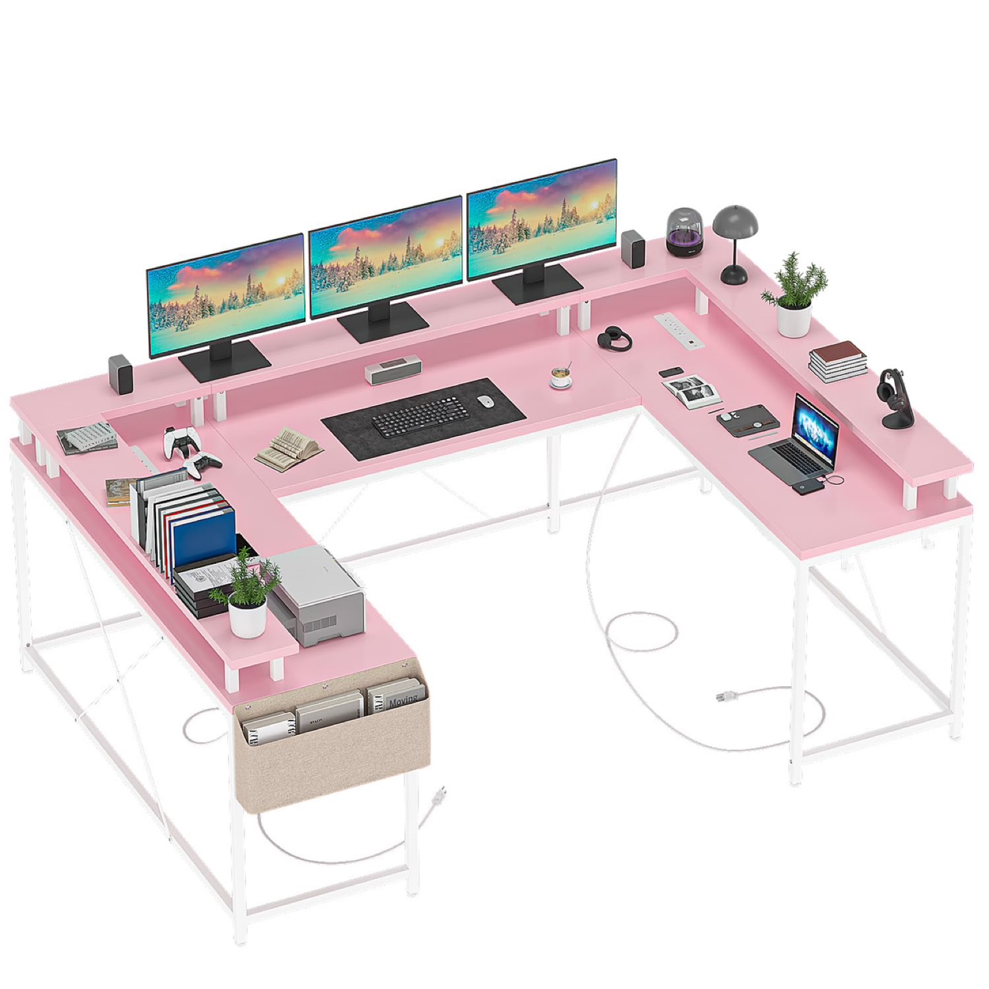 GAOMON U Shaped Gaming Desk, with Monitor Stand and LED Lights