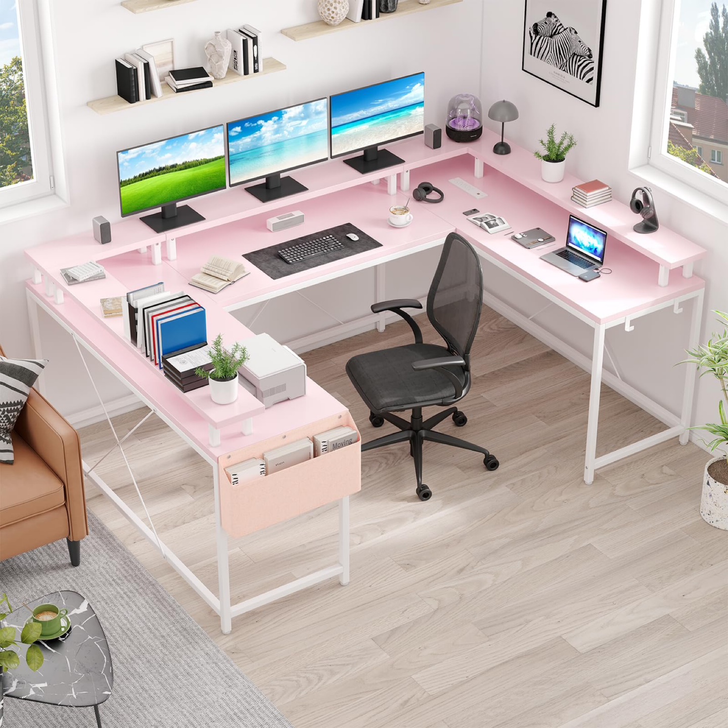 GAOMON U Shaped Gaming Desk, with Monitor Stand and LED Lights - photo 2