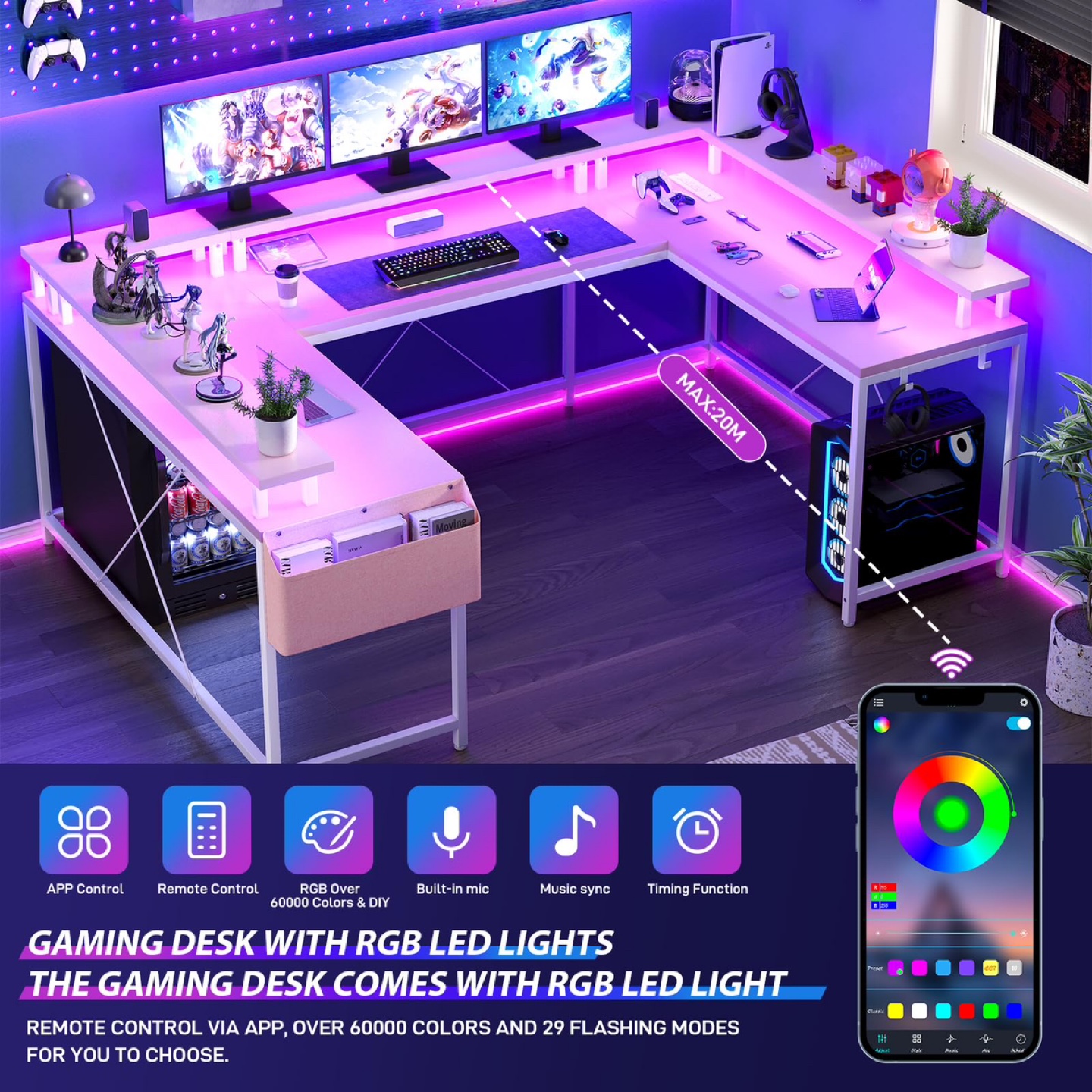GAOMON U Shaped Gaming Desk, with Monitor Stand and LED Lights - photo 4