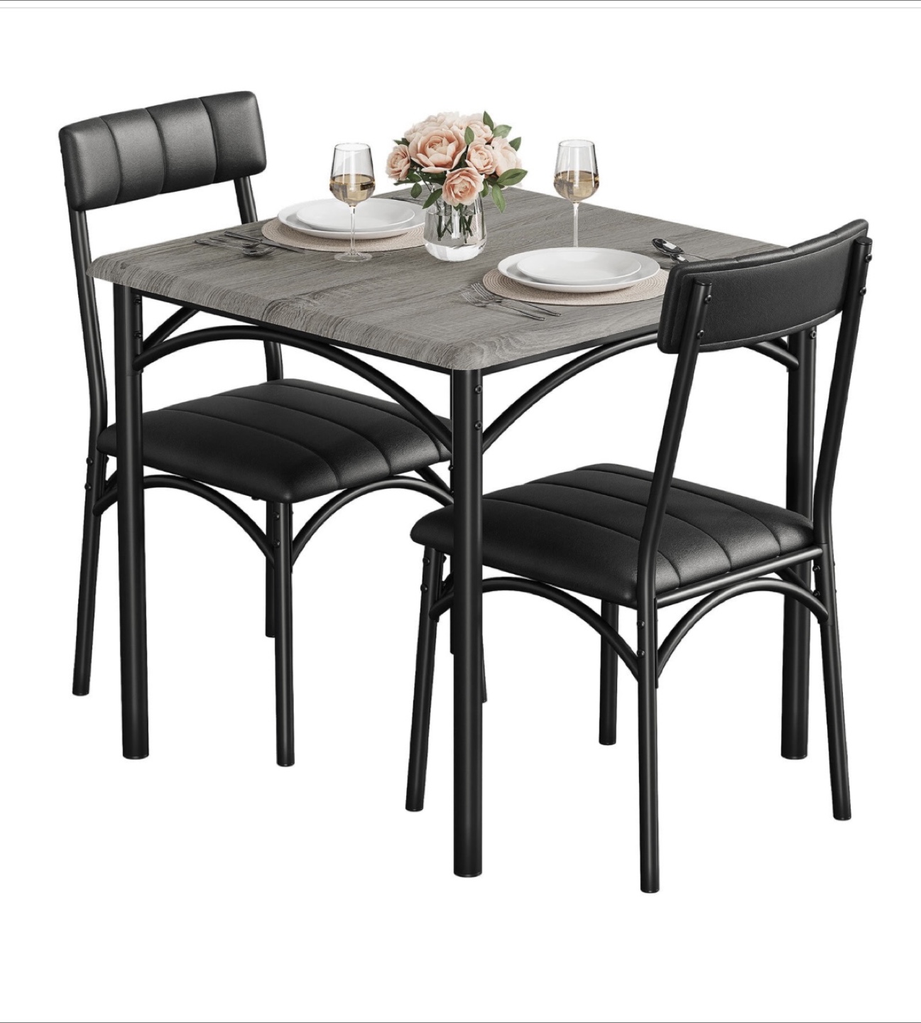 3-Piece Dining Table Sets with 2 Black Upholstered Chairs