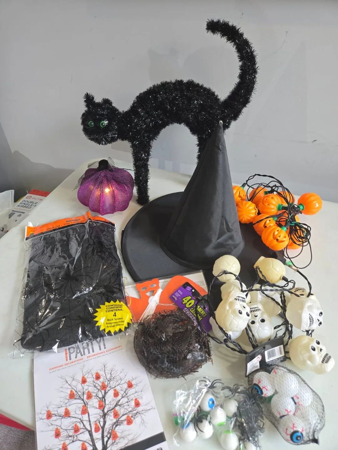 Halloween Decorations Bundle: Spiders, Lights, Witch Hat thumbnail