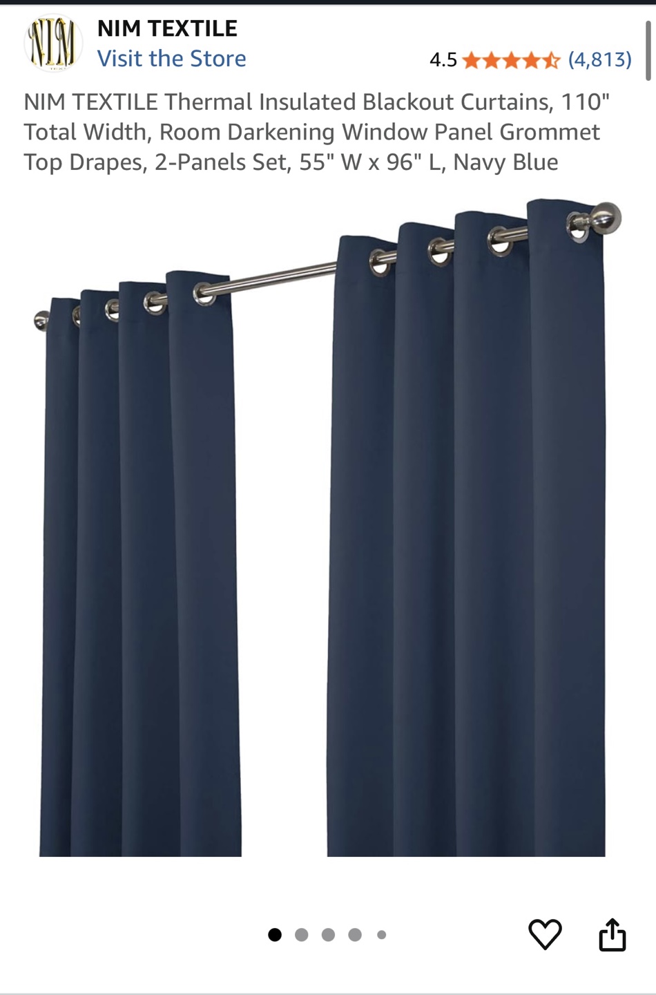 NIM Textile Navy Blue Blackout Curtains, 96" Length