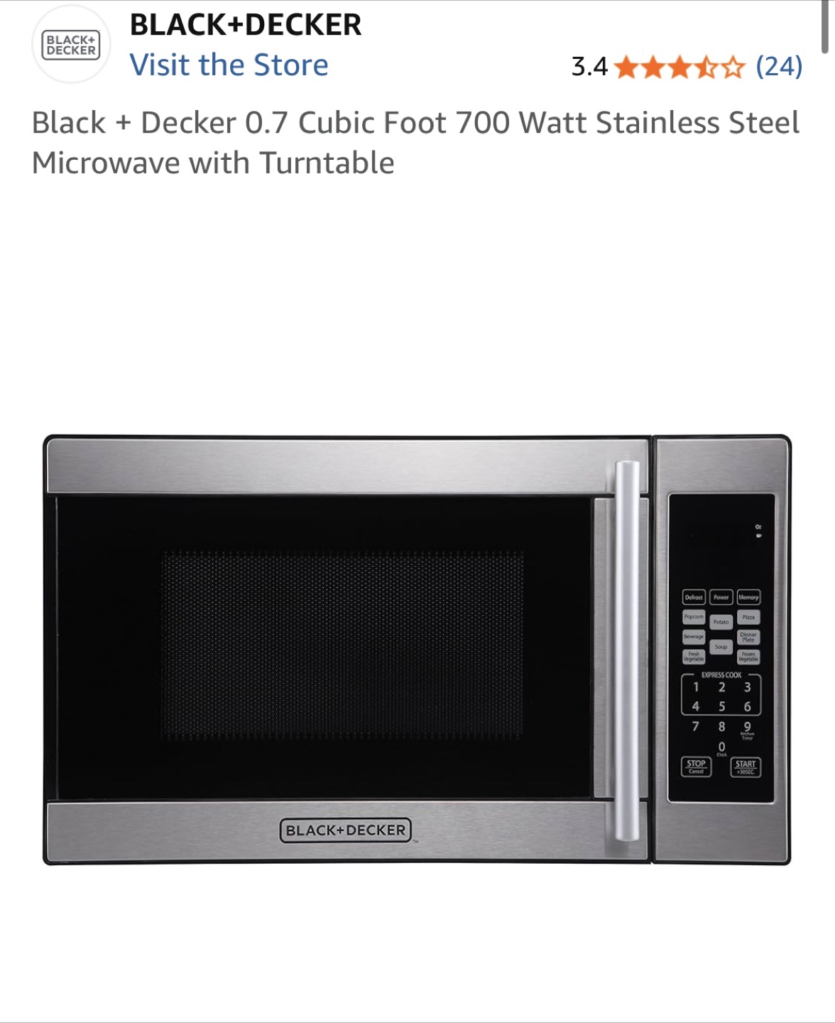 Black + Decker 0.7 cu ft Stainless Steel Microwave