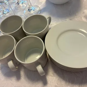 White Mugs and Plates Set