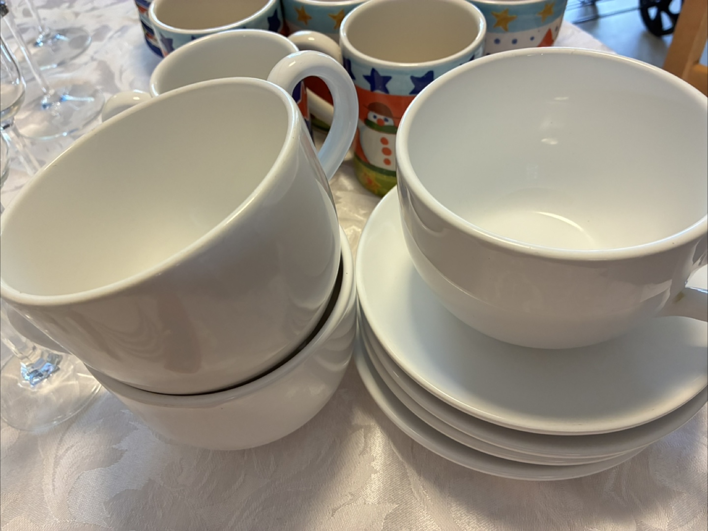 White Ceramic Mugs and Saucers Set