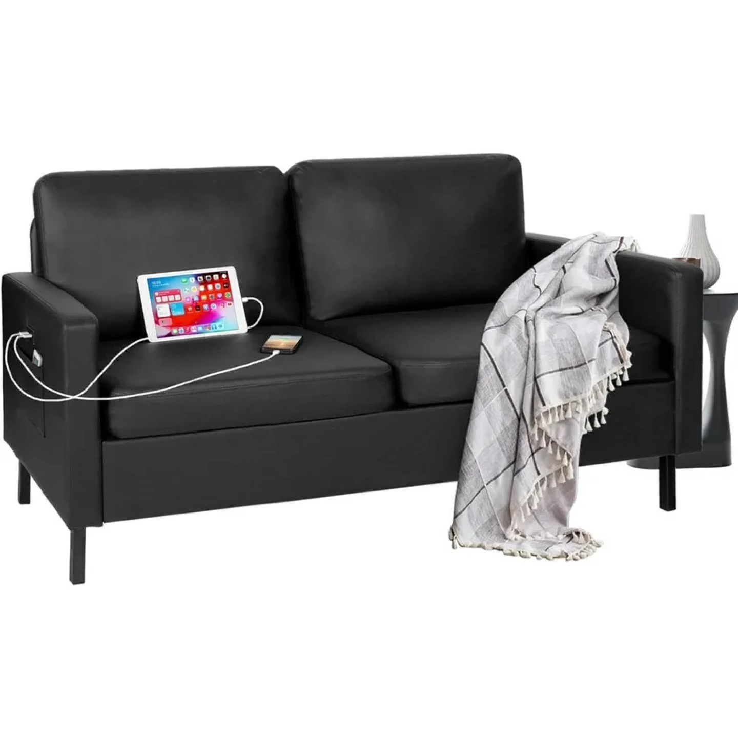 Coewske Faux Leather Loveseat Sofa w/ 2 USB Charge Ports Black - photo 4