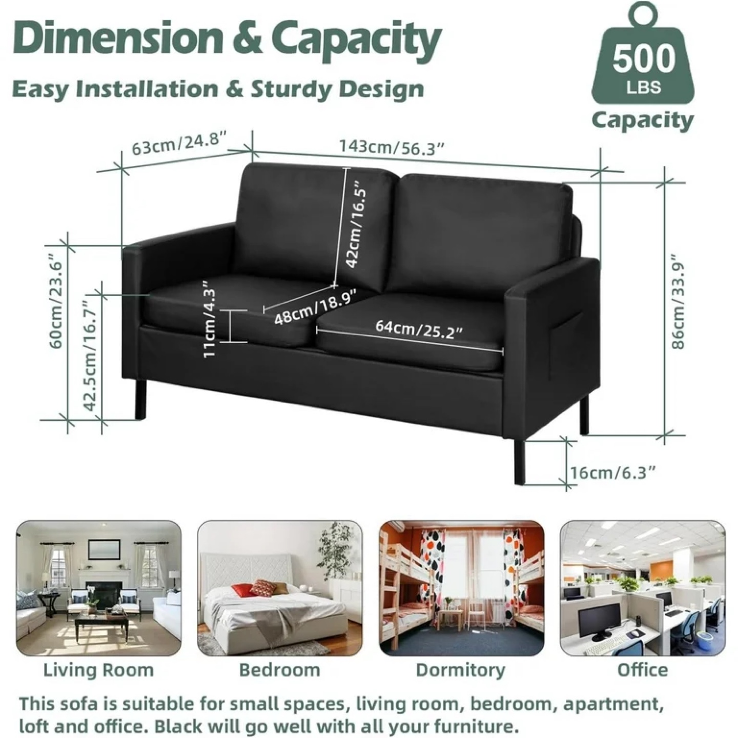 Coewske Faux Leather Loveseat Sofa w/ 2 USB Charge Ports Black - photo 5