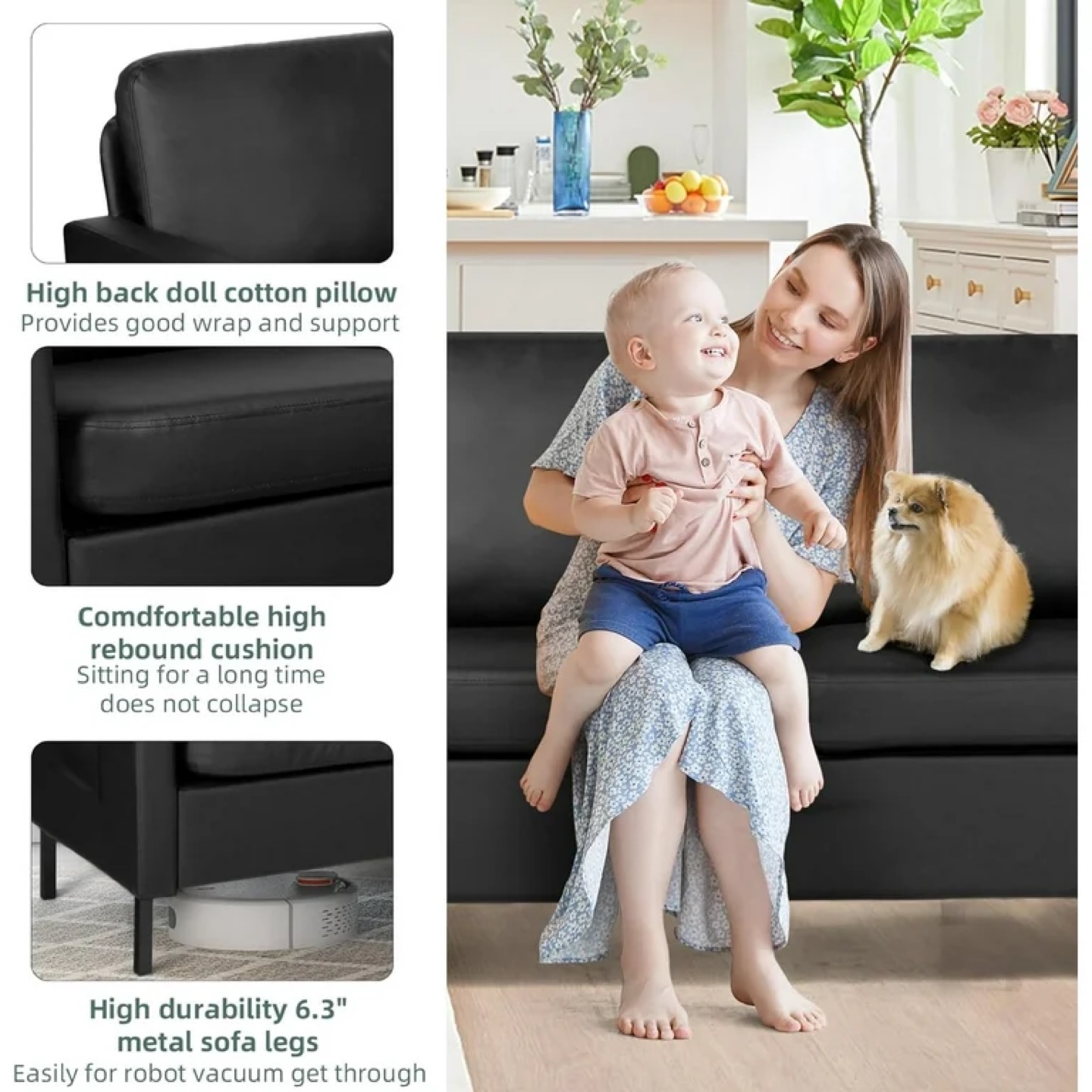 Coewske Faux Leather Loveseat Sofa w/ 2 USB Charge Ports Black - photo 2