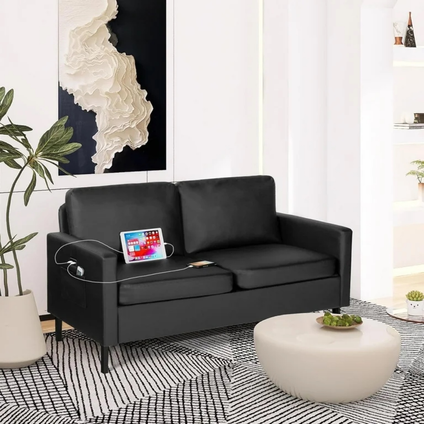 Coewske Faux Leather Loveseat Sofa w/ 2 USB Charge Ports Black