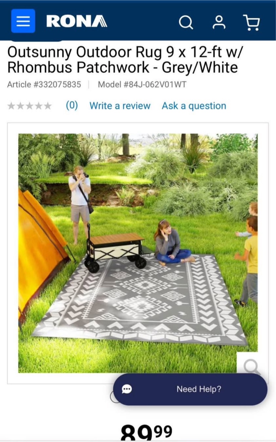 Outsunny Outdoor Rug 9 x 12-ft - Grey/White - NEW