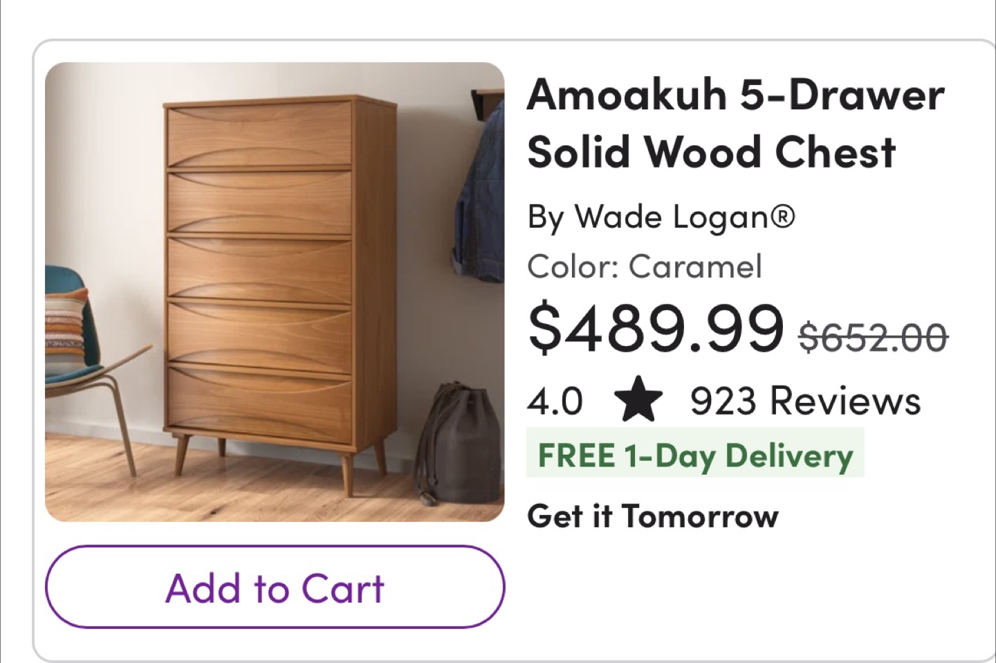 Wade Logan Amoakuh 5-Drawer Solid Wood Chest - Caramel - photo 3