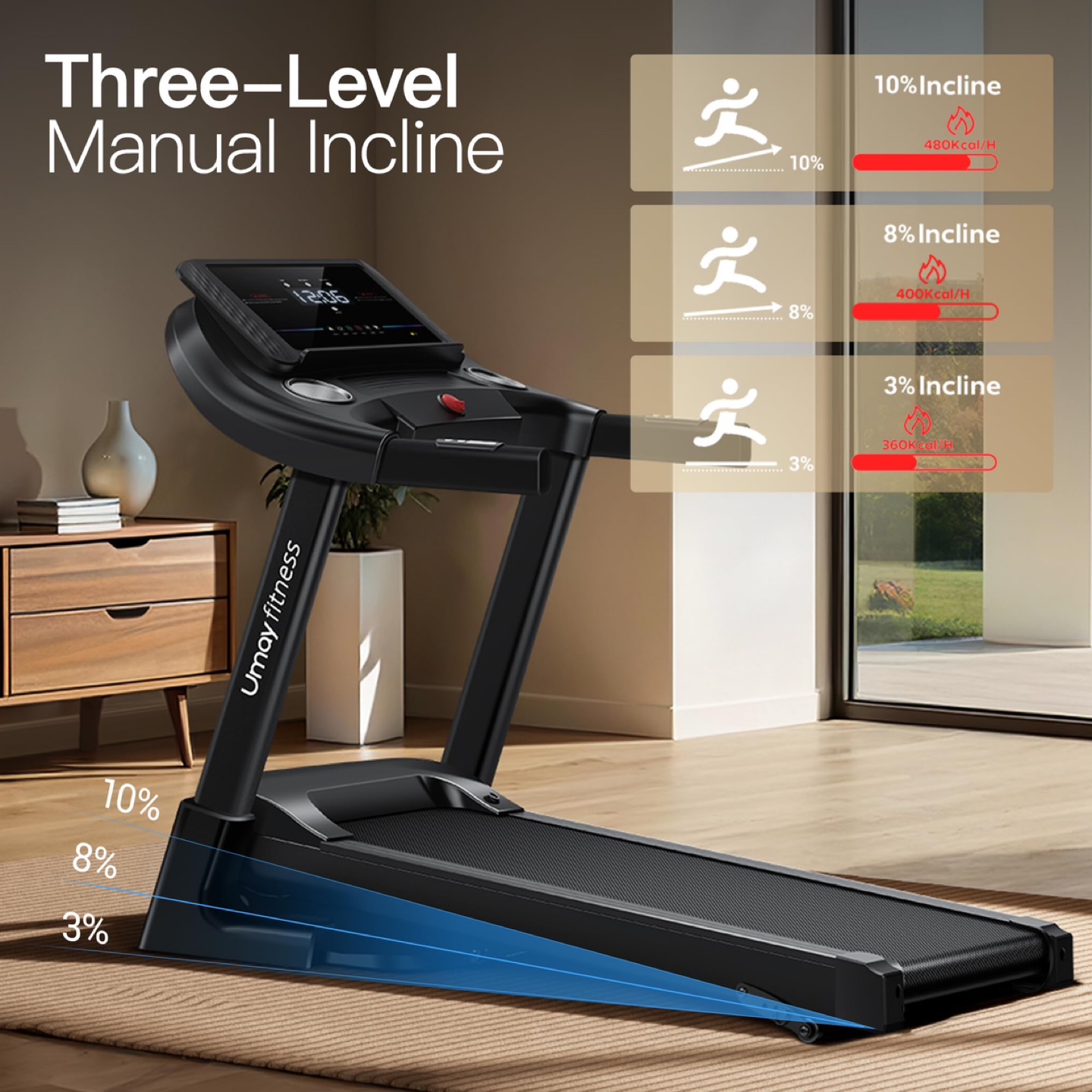 UMAY Fitness Treadmill with 3-Level Incline, Auto Folding - photo 2
