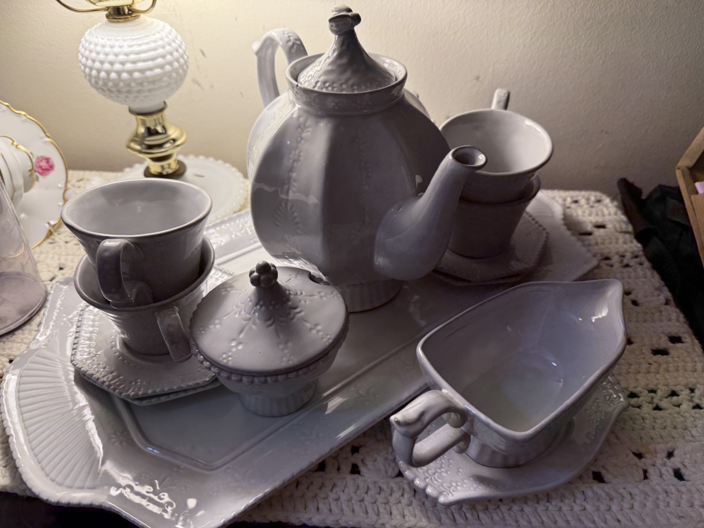 Anthropologie Gray Ceramic Tea Set with matching dishes set