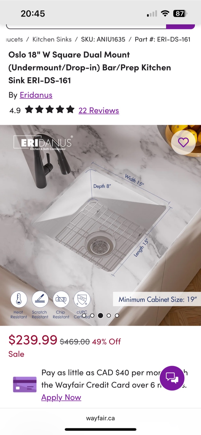 Eridanus Oslo 18" Kitchen Sink - NEW in Box! - photo 2