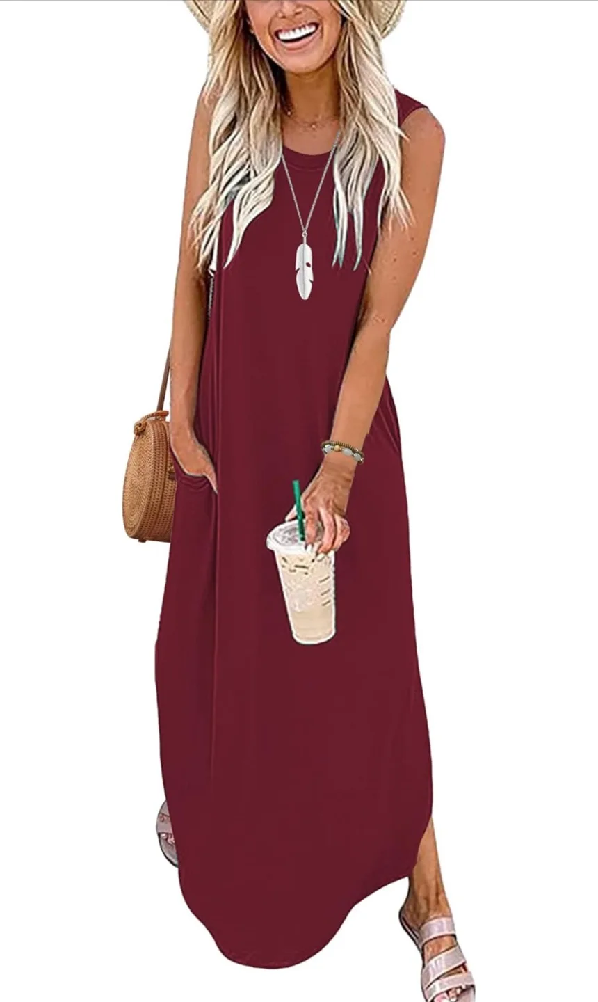 NEW! WNEEDU Burgundy Sleeveless Maxi Dress with Pockets thumbnail